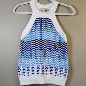 LOFT Women's Blue and White Chevron Knit Halter Tank Sweater. Small Petite